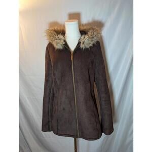 Ellen Tracy Women's Medium Brown Faux Suede Hooded Coat with Faux Fur Trim